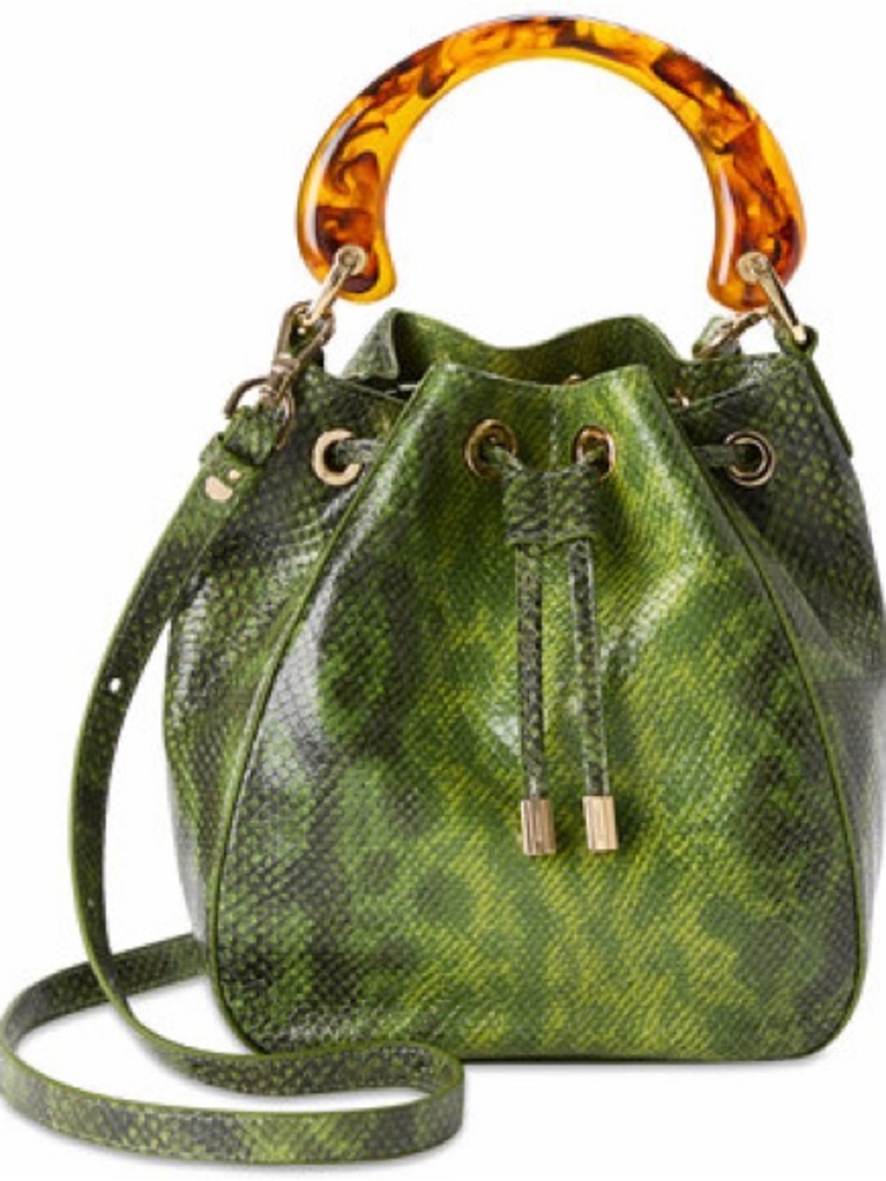 Brahmin Green Snake-Effect Bucket Bag with Tortoiseshell Handle